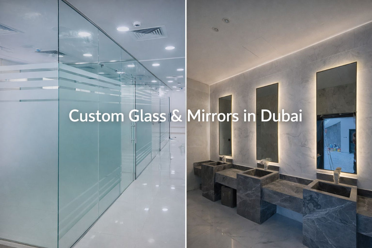 Two images showing custom glass and mirror installations in Dubai. The left image shows a glass wall, and the right image shows a bathroom setup with mirrors.
