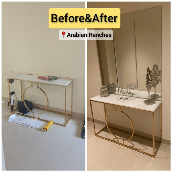 Before & after custom mirror installation for a console table in Arabian Ranches, Dubai